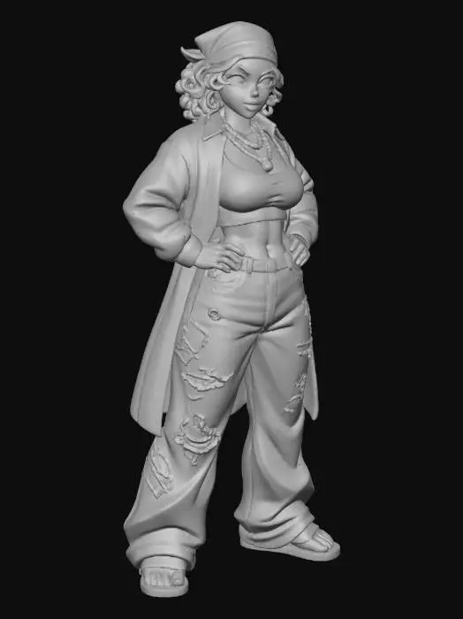 3D model for copia  al personaje de  anime, ,sin el arbol . usa colores y poses de modelo de revista sin usar poses con los dedos. todo el cuerpo en una imagen. estilo cholo. desde el pantalon hasta los accesorios cadenas, usa jeans tipo samurai  que se vea toda la pierna , camisa larga encima abierta. debajo sport bra top, los pechos en copa DD. mostrar el cuerpo entero en la imagen. sandalias estilo  ninja personaje  musculoso sin perder la forma femenina. sin gorra, usar colores vivos, y femeninos