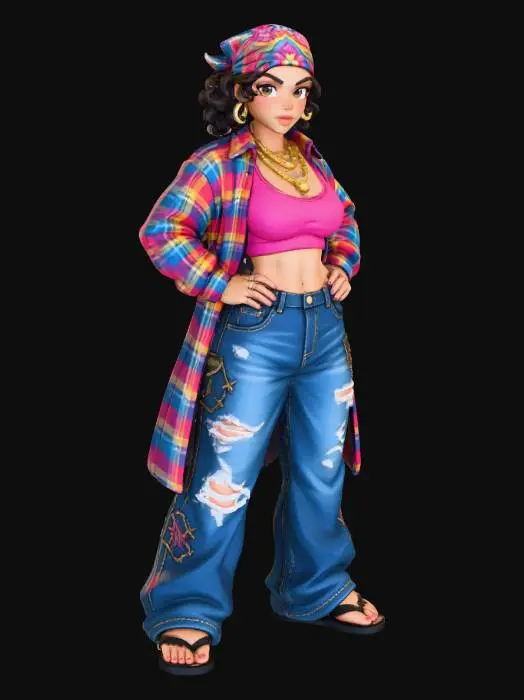 3D model for copia  al personaje de  anime, ,sin el arbol . usa colores y poses de modelo de revista sin usar poses con los dedos. todo el cuerpo en una imagen. estilo cholo. desde el pantalon hasta los accesorios cadenas, usa jeans tipo samurai  que se vea toda la pierna , camisa larga encima abierta. debajo sport bra top, los pechos en copa DD. mostrar el cuerpo entero en la imagen. sandalias estilo  ninja personaje  musculoso sin perder la forma femenina. sin gorra, usar colores vivos, y femeninos