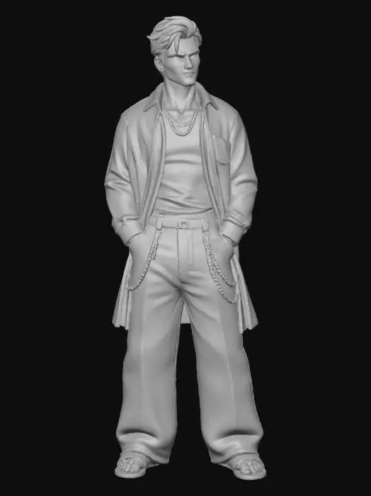 3D model for copia  al personaje de  anime, ,sin el arbol . usa colores y poses de modelo de revista sin usar poses con los dedos. todo el cuerpo en una imagen. estilo cholo. desde el pantalon hasta los accesorios cadenas, usa jeans tipo samurai , camisa larga encima abierta. mostrar el cuerpo entero en la imagen sandalias. personaje poco musculoso sin perder la forma. Usa el rostro