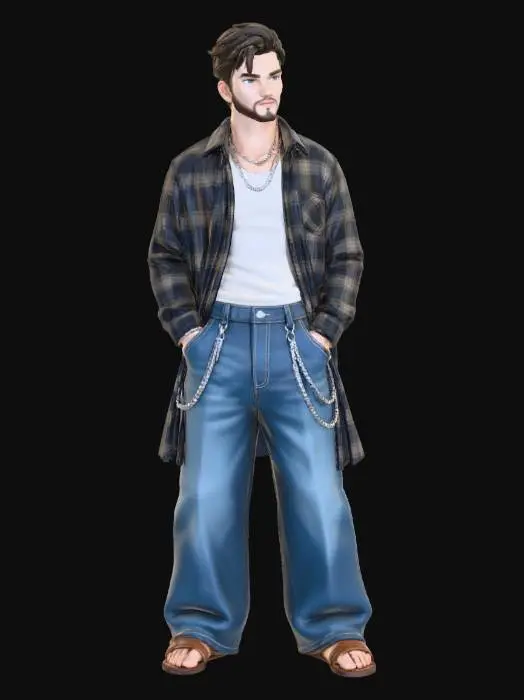 3D model for copia  al personaje de  anime, ,sin el arbol . usa colores y poses de modelo de revista sin usar poses con los dedos. todo el cuerpo en una imagen. estilo cholo. desde el pantalon hasta los accesorios cadenas, usa jeans tipo samurai , camisa larga encima abierta. mostrar el cuerpo entero en la imagen sandalias. personaje poco musculoso sin perder la forma. Usa el rostro