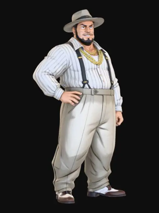 3D model for Toma como referencia la foto. Convierte a la persona en un personaje estilo anime . estilo pachuco . sin lentes.  . estilo  ganster. has al personaje musculoso y rellenito. con su cadena y su sombrero. altura del modelo 1.80 m