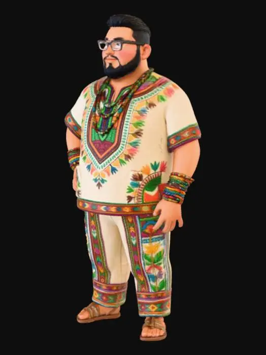 3D model for copia  al personaje de  anime, sin usar poses con los dedos. todo el cuerpo en una imagen. estilo mexicano indigenaa desde el pantalon hasta los accesorios. mostrar el cuerpo entero en la imagen.camisa  en distinto tipo. sin gorra.