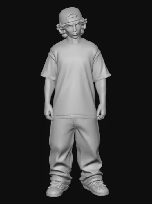 3D model for copia  al personaje de  anime . estilo cholo.  y jeans  baggy que cubra sus pies . sin lentes.  . estilo  ganster. tenis addidass. camiseta. el modelo tiene que estar en poses estandar,sin el arbol  y has el modelo respetando su fisionomia. y todo su atuendo. y estilo de peinado.