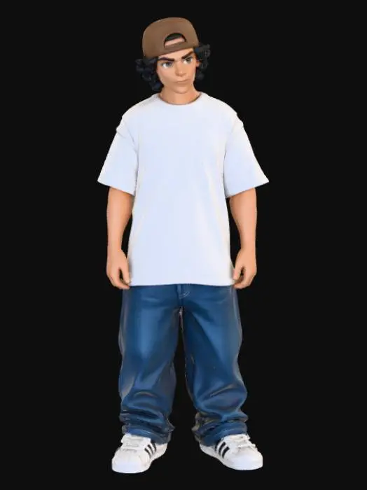 3D model for copia  al personaje de  anime . estilo cholo.  y jeans  baggy que cubra sus pies . sin lentes.  . estilo  ganster. tenis addidass. camiseta. el modelo tiene que estar en poses estandar,sin el arbol  y has el modelo respetando su fisionomia. y todo su atuendo. y estilo de peinado.