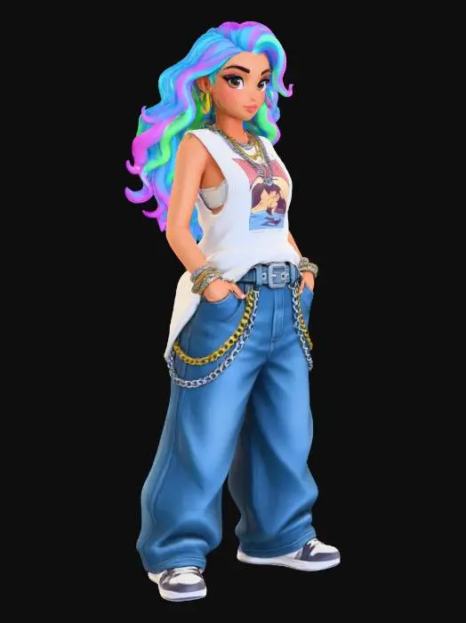 3D model for copia  al personaje de  anime, ,sin el arbol . usa colores y poses de modelo de revista sin usar poses con los dedos. todo el cuerpo en una imagen. estilo cholo. desde el pantalon hasta los accesorios cadenas, usa jeans tipo baggy muy babby , camisa larga encima sin mangas, los pechos en copa DD. mostrar el cuerpo entero en la imagen. personaje poco musculoso sin perder la forma femenina. no usar gorra. solo el cabello de distinto color usar colres en neon