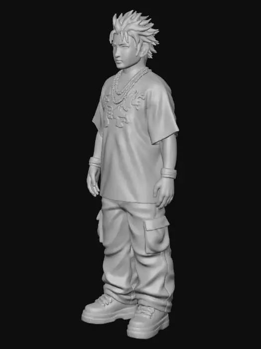 3D model for copia  al personaje de  anime, ,sin el arbol . sin usar poses con los dedos. todo el cuerpo en una imagen. estilo pandillero. desde el pantalon hasta los accesorios. mostrar el cuerpo entero en la imagen. personaje poco musculoso y hacer el modelo masculino . no usar gorra. solo el cabello de distinto color. 
blusa en distinto tipo. y usar otro tipo de calzado.