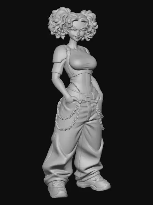 3D model for copia al personaje de anime, ,sin el arbol .poses de modelo de pasaarela. estilo casual. desde el pantalon hasta los accesorios cadenas, usa jeans tipo baggy muy , los pechos grande. mostrar el cuerpo entero en la imagen. personaje muy femenino.  cabello de distinto color y estilo de cabello el mismo. poner tatuajes. tambien que su mirada sea muy profunda.. con una sonrisa de maldad. con tematica de star wars. en especial stoorm trooper. no usar casco. usar estilo  armadura.