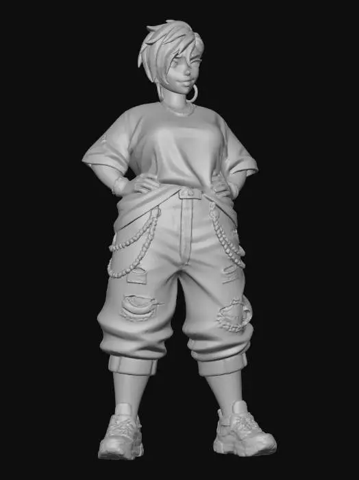 3D model for copia al personaje de anime, ,sin el arbol .poses de modelo de pasaarela. estilo casual. desde el pantalon hasta los accesorios cadenas, usa jeans tipo baggy muy , los pechos grande. mostrar el cuerpo entero en la imagen. personaje muy femenino.  cabello de distinto color y estilo de cabello diferente. poner tatuajes. tambien que su mirada sea muy profunda.. con una sonrisa de maldad.