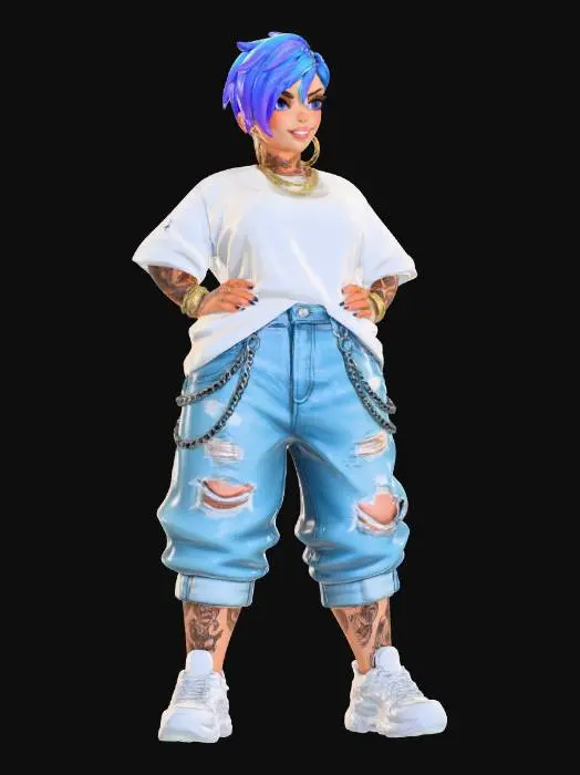 3D model for copia al personaje de anime, ,sin el arbol .poses de modelo de pasaarela. estilo casual. desde el pantalon hasta los accesorios cadenas, usa jeans tipo baggy muy , los pechos grande. mostrar el cuerpo entero en la imagen. personaje muy femenino.  cabello de distinto color y estilo de cabello diferente. poner tatuajes. tambien que su mirada sea muy profunda.. con una sonrisa de maldad.