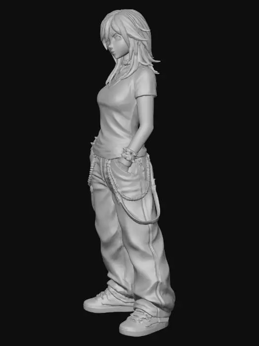 3D model for copia . personaje de anime, . usa colores y poses de modelo de revista sin usar poses con los dedos. todo el cuerpo en una imagen. estilo emo casual . desde el pantalon hasta los accesorios usa jeans baggy , los pechos en copa BB. mostrar el cuerpo entero en la imagen. no usar gorra. solo el cabello en su colores frios. teniss negros estilo skater. no logos en playera