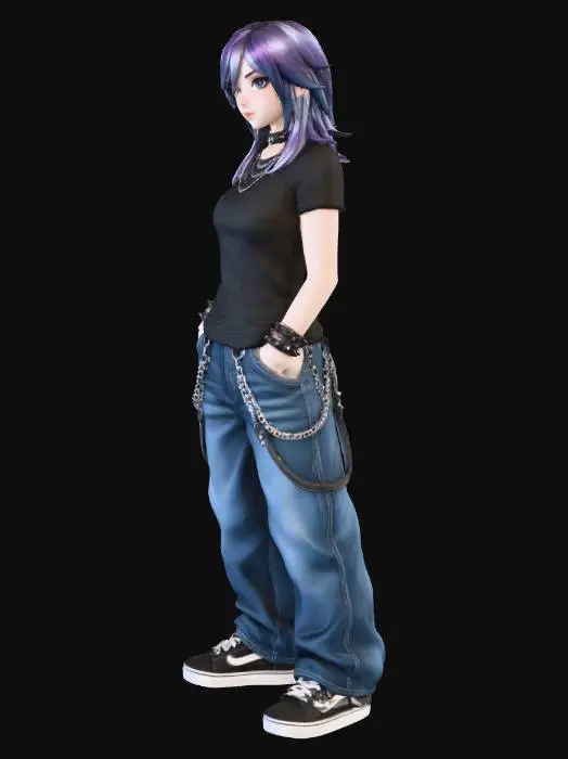 3D model for copia . personaje de anime, . usa colores y poses de modelo de revista sin usar poses con los dedos. todo el cuerpo en una imagen. estilo emo casual . desde el pantalon hasta los accesorios usa jeans baggy , los pechos en copa BB. mostrar el cuerpo entero en la imagen. no usar gorra. solo el cabello en su colores frios. teniss negros estilo skater. no logos en playera