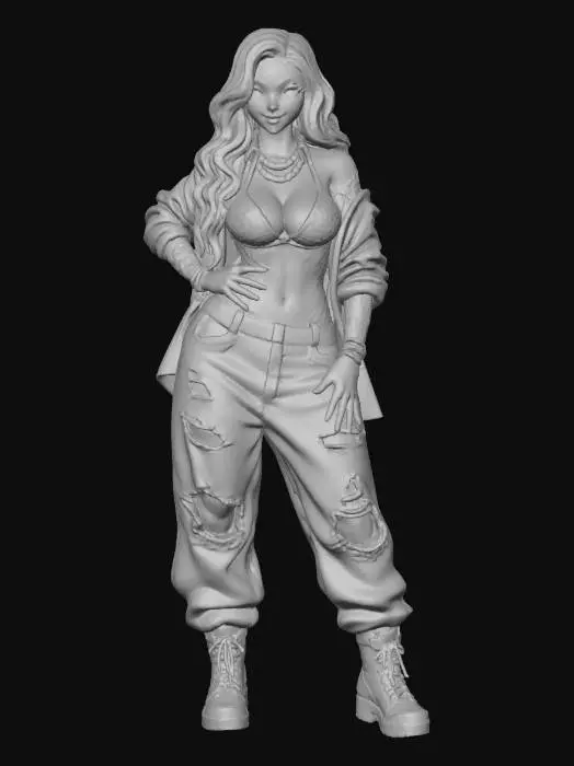 3D model for copia al personaje de anime, ,sin el arbol .poses de modelo de pasaarela. estilo casual. desde el pantalon hasta los accesorios cadenas, usa jeans tipo baggy muy , los pechos grande. mostrar el cuerpo entero en la imagen. personaje muy femenino.  cabello de distinto color y estilo de cabello diferente. poner tatuajes. tambien que su mirada sea muy profunda.. con una sonrisa de maldad.