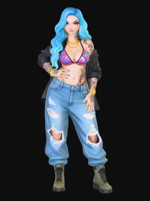 3D model for copia al personaje de anime, ,sin el arbol .poses de modelo de pasaarela. estilo casual. desde el pantalon hasta los accesorios cadenas, usa jeans tipo baggy muy , los pechos grande. mostrar el cuerpo entero en la imagen. personaje muy femenino.  cabello de distinto color y estilo de cabello diferente. poner tatuajes. tambien que su mirada sea muy profunda.. con una sonrisa de maldad.