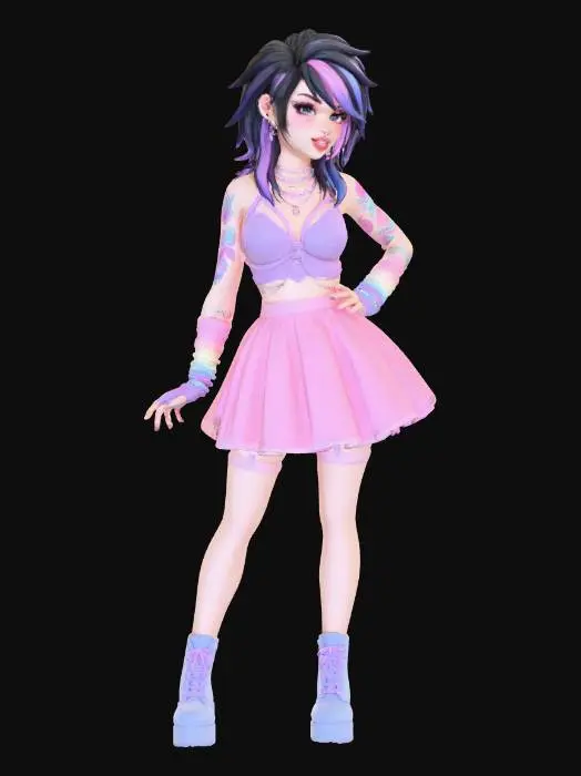 3D model for copia al personaje de anime, usa colores femeninos y poses de modelo de revista de victoria secret .todo el cuerpo en una imagen. hasta los accesorios, los pechos en copa B. mostrar el cuerpo entero en la imagen. estilo femenino. visibles. imagen de cuepo entero. no gorra. usa otro tipo ropa moderna que no sea la imagen. cabello estilo emo de los 90