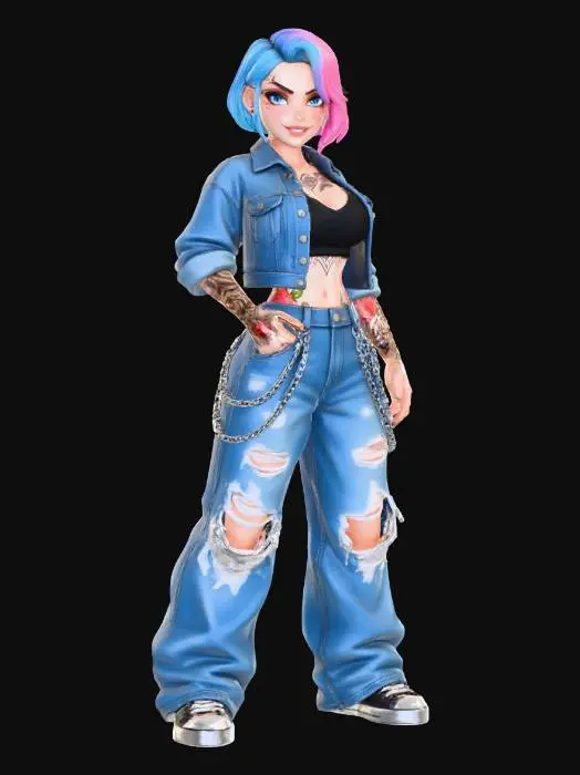 3D model for copia al personaje de anime, ,sin el arbol .poses de modelo de pasaarela. estilo casual. desde el pantalon hasta los accesorios cadenas, usa jeans tipo baggy muy , los pechos grande. mostrar el cuerpo entero en la imagen. personaje muy femenino.  cabello de distinto color y estilo de cabello diferente. poner tatuajes. tambien que su mirada sea muy profunda.. con una sonrisa de maldad.