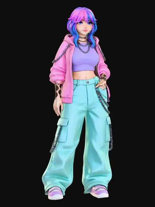 3D model for copia al personaje de anime, usa colores femeninos y poses de modelo de revista de victoria secret . sin usar. todo el cuerpo en una imagen. hasta los accesorios cadenas, los pechos en copa B. mostrar el cuerpo entero en la imagen. forma femenina. usa ropa de estilo baggy . estilo de cabello igual a la imagen pero en distinto colores. . visibles. imagen de cuepo entero. no gorra. usa todo tipo de ropa moderna. cabello estilo emo de los 90