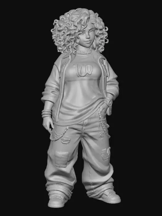 3D model for usa el rostro de la segunda foto.copia al personaje de anime,  usa colores pasion y poses de modelo  todo el cuerpo en una imagen. desde el pantalon hasta los accesorios , usa jeans al estilo americano los pechos grandes. mostrar el cuerpo  usa ropa de estilo baggy femenino . estilo de cabello rizado . no gorra