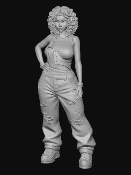 3D model for usa el rostro de la segunda foto.copia al personaje de anime,  usa colores versatiles sexy y poses de modelo  todo el cuerpo en una imagen. desde el pantalon hasta los accesorios , usa jeans al estilo americano los pechos grandes. mostrar el cuerpo  usa ropa de estilo baggy femenino . estilo de cabello rizado  . no gorra. no accesorios en cabeza. no logos,