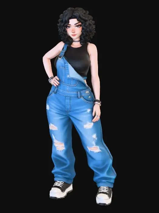 3D model for usa el rostro de la segunda foto.copia al personaje de anime,  usa colores versatiles sexy y poses de modelo  todo el cuerpo en una imagen. desde el pantalon hasta los accesorios , usa jeans al estilo americano los pechos grandes. mostrar el cuerpo  usa ropa de estilo baggy femenino . estilo de cabello rizado  . no gorra. no accesorios en cabeza. no logos,