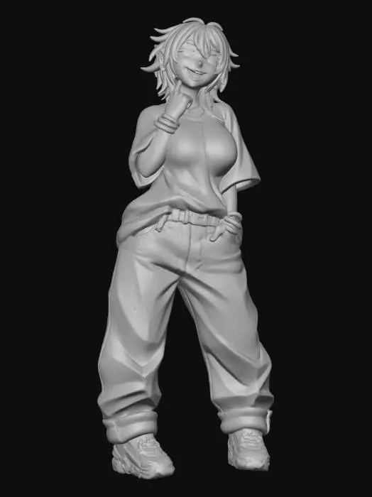 3D model for usa el rostro de la segunda foto.copia al personaje de anime,  usa colores  sexy y poses de modelo  todo el cuerpo en una imagen. desde el pantalon hasta los accesorios , usa jeans al estilo americano los pechos grandes. mostrar el cuerpo  usa ropa de estilo baggy femenino . estilo de cabello despeinado  . no gorra. no accesorios en cabeza. no logos,