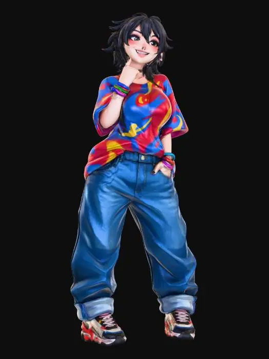 3D model for usa el rostro de la segunda foto.copia al personaje de anime,  usa colores  sexy y poses de modelo  todo el cuerpo en una imagen. desde el pantalon hasta los accesorios , usa jeans al estilo americano los pechos grandes. mostrar el cuerpo  usa ropa de estilo baggy femenino . estilo de cabello despeinado  . no gorra. no accesorios en cabeza. no logos,