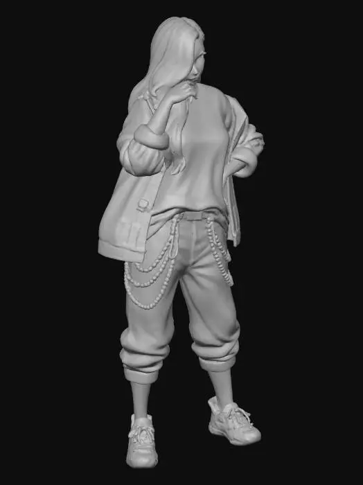 3D model for copia al personaje de anime,  usa colores femeninos  y poses de modelo de revista de victoria secret . sin usar. todo el cuerpo en una imagen. estilo casual. desde el pantalon hasta los accesorios cadenas, usa jeans al estilo americano los pechos en copa DD. mostrar el cuerpo entero en la imagen.  forma femenina.  usa ropa de estilo baggy . estilo de cabello igual a la imagen pero en distinto colores.  con tatuajes. visibles. imagen de cuepo entero.