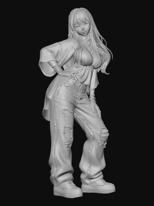 3D model for copia al personaje de anime,  usa colores femeninos  y poses de modelo  todo el cuerpo en una imagen. desde el pantalon hasta los accesorios , usa jeans al estilo americano los pechos en copa DD. mostrar el cuerpo  usa ropa de estilo baggy femenino . estilo de cabello igual a la imagen pero en distinto colores. no gorra