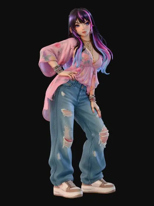 3D model for copia al personaje de anime,  usa colores femeninos  y poses de modelo  todo el cuerpo en una imagen. desde el pantalon hasta los accesorios , usa jeans al estilo americano los pechos en copa DD. mostrar el cuerpo  usa ropa de estilo baggy femenino . estilo de cabello igual a la imagen pero en distinto colores. no gorra