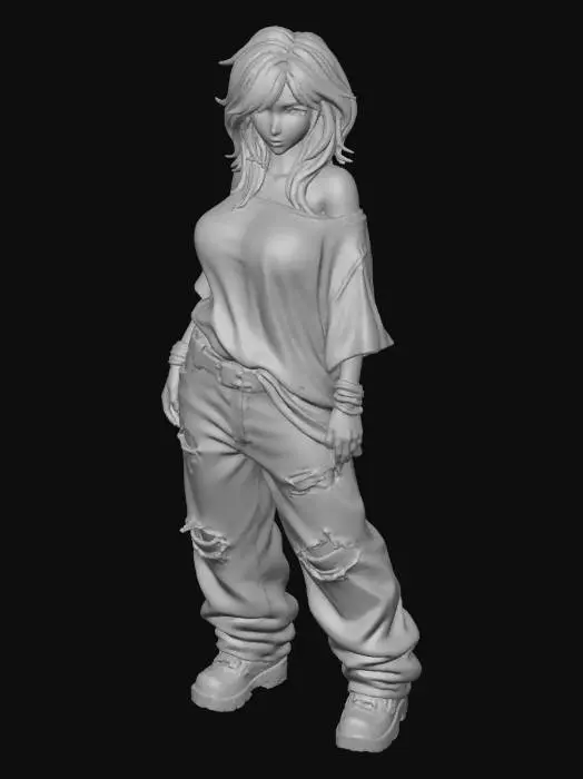 3D model for usa el rostro de la segunda foto.copia al personaje de anime,  usa colores  sexy y poses de modelo  todo el cuerpo en una imagen. desde el pantalon hasta los accesorios , usa jeans al estilo americano los pechos grandes. mostrar el cuerpo  usa ropa de estilo baggy femenino . estilo de cabello despeinado  . no gorra. no accesorios en cabeza. no logos,