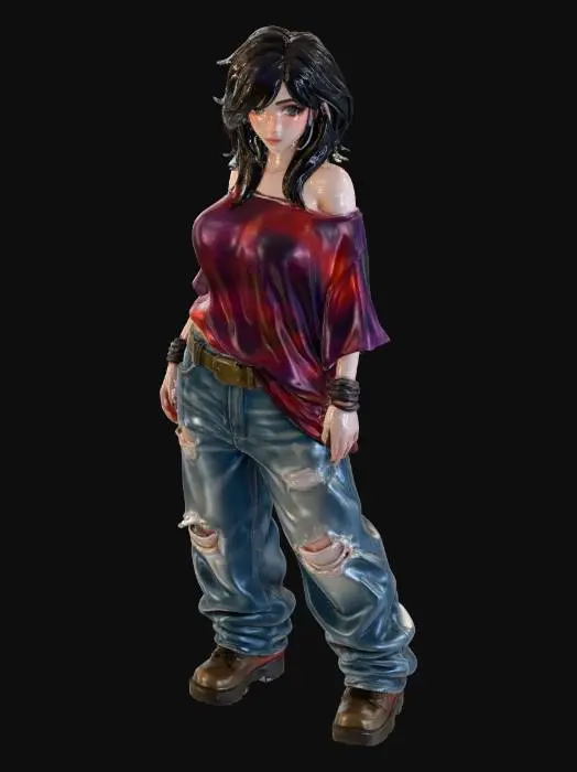 3D model for usa el rostro de la segunda foto.copia al personaje de anime,  usa colores  sexy y poses de modelo  todo el cuerpo en una imagen. desde el pantalon hasta los accesorios , usa jeans al estilo americano los pechos grandes. mostrar el cuerpo  usa ropa de estilo baggy femenino . estilo de cabello despeinado  . no gorra. no accesorios en cabeza. no logos,