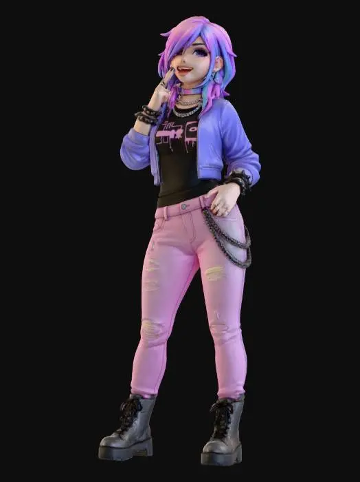 3D model for copia al personaje de anime, usa colores femeninos y poses de modelo .todo el cuerpo en una imagen. hasta los accesorios, los pechos en copa B. mostrar el cuerpo entero en la imagen. estilo femenino. imagen de cuepo entero. no gorra. usa otro tipo ropa moderna que no sea la imagen. cabello estilo emo ropa emo apretada