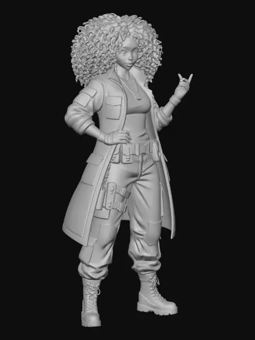 3D model for copia al personaje de anime,  usa colores militares  y poses de modelo  pantalon y accesorios ,  los pechos medianos. usa ropa de estilo baggy femenino . estilo de cabello igual a la imagen. sin armas. chamarra larga y abierta tipo limitar. guantes. todo el personaje debe caber en la imagen mostrando desde la cabeza hasta los pies. poses de audacia. pero femeninas. la blusa pegada al cuero por dejabo de la chamarra. poses militares. en distintos colores la ropa pero con estampado camo