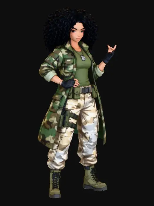 3D model for copia al personaje de anime,  usa colores militares  y poses de modelo  pantalon y accesorios ,  los pechos medianos. usa ropa de estilo baggy femenino . estilo de cabello igual a la imagen. sin armas. chamarra larga y abierta tipo limitar. guantes. todo el personaje debe caber en la imagen mostrando desde la cabeza hasta los pies. poses de audacia. pero femeninas. la blusa pegada al cuero por dejabo de la chamarra. poses militares. en distintos colores la ropa pero con estampado camo