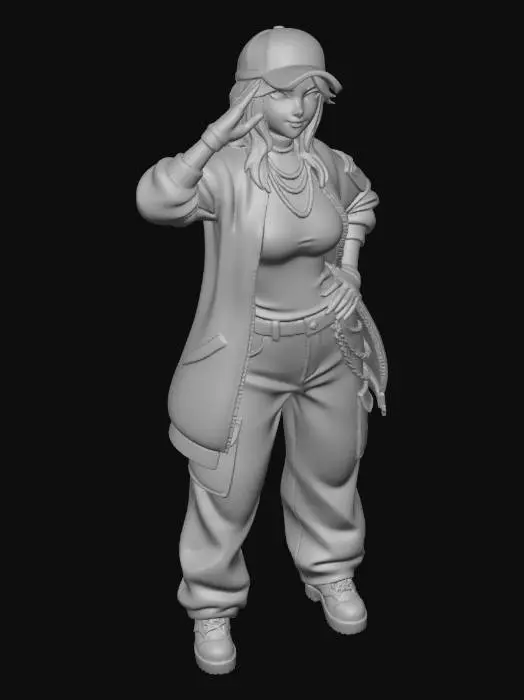 3D model for copia al personaje de anime,  usa colores militares  y poses de modelo  pantalon y accesorios ,  los pechos medianos. usa ropa de estilo baggy femenino . estilo de cabello igual a la imagen. sin armas. chamarra larga y abierta tipo limitar. guantes. todo el personaje debe caber en la imagen mostrando desde la cabeza hasta los pies. poses de audacia. pero femeninas. la blusa pegada al cuero por dejabo de la chamarra. poses militares. en distintos colores la ropa pero con estampado camo