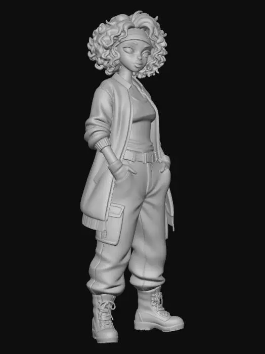 3D model for copia al personaje de anime,  usa colores militares  y poses de modelo  pantalon y accesorios ,  los pechos medianos. usa ropa de estilo baggy femenino . estilo de cabello igual a la imagen. sin armas. chamarra larga y abierta tipo limitar. guantes. todo el personaje debe caber en la imagen mostrando desde la cabeza hasta los pies. poses de audacia. pero femeninas. la blusa pegada al cuero por dejabo de la chamarra. poses militares.