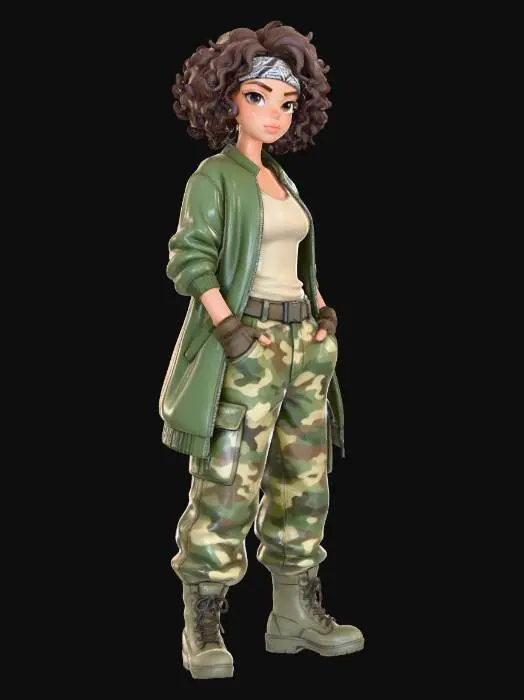 3D model for copia al personaje de anime,  usa colores militares  y poses de modelo  pantalon y accesorios ,  los pechos medianos. usa ropa de estilo baggy femenino . estilo de cabello igual a la imagen. sin armas. chamarra larga y abierta tipo limitar. guantes. todo el personaje debe caber en la imagen mostrando desde la cabeza hasta los pies. poses de audacia. pero femeninas. la blusa pegada al cuero por dejabo de la chamarra. poses militares.
