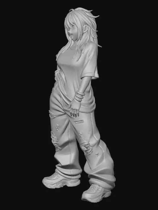 3D model for usa el rostro de la segunda foto.copia al personaje de anime,  usa colores  sexy y poses de modelo  todo el cuerpo en una imagen. desde el pantalon hasta los accesorios , usa jeans al estilo americano los pechos grandes. mostrar el cuerpo  usa ropa de estilo baggy femenino . estilo de cabello despeinado  . no gorra. no accesorios en cabeza. no logos,