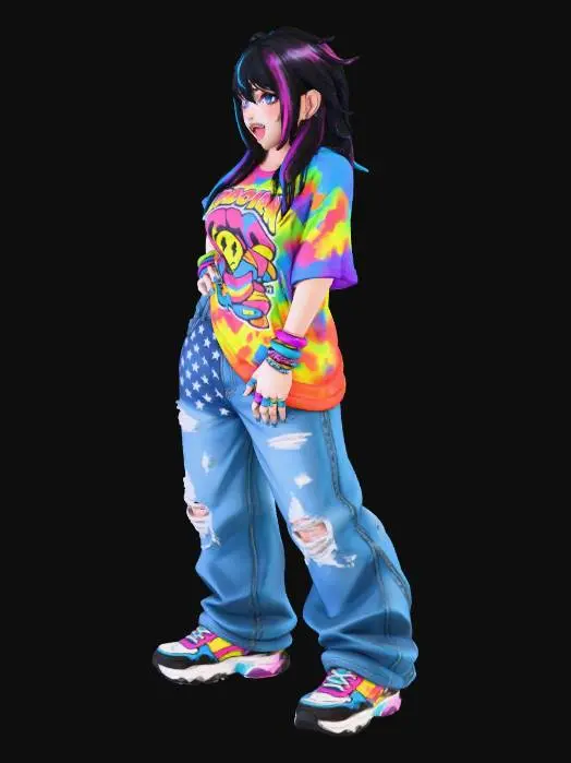3D model for usa el rostro de la segunda foto.copia al personaje de anime,  usa colores  sexy y poses de modelo  todo el cuerpo en una imagen. desde el pantalon hasta los accesorios , usa jeans al estilo americano los pechos grandes. mostrar el cuerpo  usa ropa de estilo baggy femenino . estilo de cabello despeinado  . no gorra. no accesorios en cabeza. no logos,