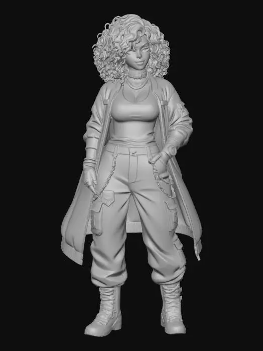 3D model for copia al personaje de anime,  usa colores militares  y poses de modelo  pantalon y accesorios ,  los pechos medianos. usa ropa de estilo baggy femenino . estilo de cabello igual a la imagen. sin armas. chamarra larga y abierta tipo limitar. guantes. todo el personaje debe caber en la imagen mostrando desde la cabeza hasta los pies. poses de audacia. pero femeninas. la blusa pegada al cuero por dejabo de la chamarra. poses militares. en distintos colores la ropa pero con estampado camo