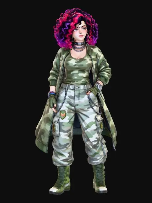 3D model for copia al personaje de anime,  usa colores militares  y poses de modelo  pantalon y accesorios ,  los pechos medianos. usa ropa de estilo baggy femenino . estilo de cabello igual a la imagen. sin armas. chamarra larga y abierta tipo limitar. guantes. todo el personaje debe caber en la imagen mostrando desde la cabeza hasta los pies. poses de audacia. pero femeninas. la blusa pegada al cuero por dejabo de la chamarra. poses militares. en distintos colores la ropa pero con estampado camo