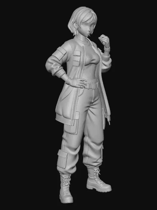 3D model for copia al personaje de anime,  usa colores militares  y poses de modelo  pantalon y accesorios ,  los pechos medianos. usa ropa de estilo baggy femenino . estilo de cabello igual a la imagen. sin armas. chamarra larga y abierta tipo limitar. guantes. todo el personaje debe caber en la imagen mostrando desde la cabeza hasta los pies. poses de audacia. pero femeninas. la blusa pegada al cuero por dejabo de la chamarra. poses militares. en distintos colores la ropa pero con estampado camo