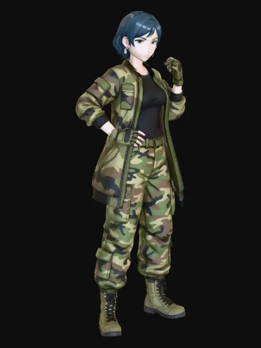 3D model for copia al personaje de anime,  usa colores militares  y poses de modelo  pantalon y accesorios ,  los pechos medianos. usa ropa de estilo baggy femenino . estilo de cabello igual a la imagen. sin armas. chamarra larga y abierta tipo limitar. guantes. todo el personaje debe caber en la imagen mostrando desde la cabeza hasta los pies. poses de audacia. pero femeninas. la blusa pegada al cuero por dejabo de la chamarra. poses militares. en distintos colores la ropa pero con estampado camo