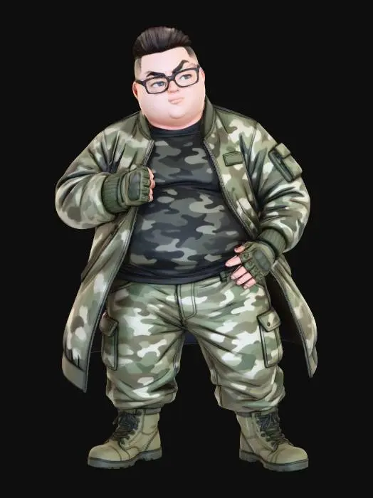 3D model for copia al personaje de anime,  usa colores militares  y poses de modelo  pantalon y accesorios , . usa ropa de estilo baggy . estilo de cabello igual a la imagen. sin armas. chamarra larga y abierta tipo limitar. guantes. todo el personaje debe caber en la imagen mostrando desde la cabeza hasta los pies. poses de audacia. pero femeninas. la camisa pegada al cuero por dejabo de la chamarra. poses militares. en distintos colores la ropa pero con estampado camo