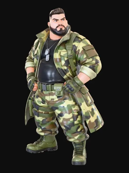 3D model for copia al personaje de anime,  usa colores militares  y poses de modelo  pantalon y accesorios , . usa ropa de estilo baggy . estilo de cabello igual a la imagen. sin armas. chamarra larga y abierta tipo limitar. guantes. todo el personaje debe caber en la imagen mostrando desde la cabeza hasta los pies. poses de audacia. pero femeninas. la camisa pegada al cuero por dejabo de la chamarra. poses militares. en distintos colores la ropa pero con estampado camo