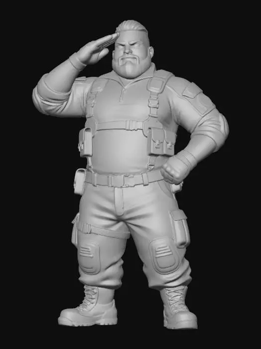 3D model for copia al personaje de anime,  usa colores militares  y poses de modelo  pantalon y accesorios , . usa ropa de estilo baggy . estilo de cabello igual a la imagen. sin armas.  tipo limitar. guantes. todo el personaje debe caber en la imagen mostrando desde la cabeza hasta los pies. poses de audacia. la camisa pegada al cuero . poses militares. en distintos colores la ropa, sin lentes. con barba.