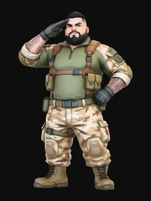3D model for copia al personaje de anime,  usa colores militares  y poses de modelo  pantalon y accesorios , . usa ropa de estilo baggy . estilo de cabello igual a la imagen. sin armas.  tipo limitar. guantes. todo el personaje debe caber en la imagen mostrando desde la cabeza hasta los pies. poses de audacia. la camisa pegada al cuero . poses militares. en distintos colores la ropa, sin lentes. con barba.