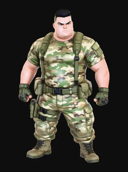 3D model for copia al personaje de anime,  usa colores militares  y poses de modelo  pantalon y accesorios , . usa ropa de estilo baggy . estilo de cabello igual a la imagen. sin armas.  tipo limitar. guantes. todo el personaje debe caber en la imagen mostrando desde la cabeza hasta los pies. poses de audacia. la camisa pegada al cuero . poses militares. en distintos colores la ropa pero con estampado camo sin lentes