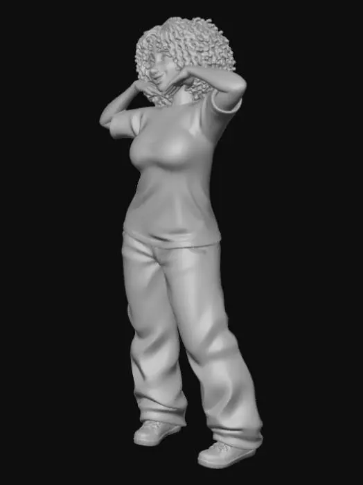 3D model for usa el rostro de la segunda foto.copia al personaje de anime,  usa colores versatiles sexy y poses de modelo  todo el cuerpo en una imagen. desde el pantalon hasta los accesorios , usa jeans al estilo americano los pechos grandes. mostrar el cuerpo  usa ropa de estilo baggy femenino . estilo de cabello rizado  . no gorra. no accesorios en cabeza. no logos,