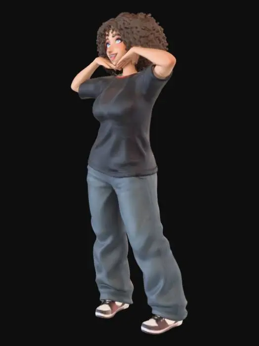 3D model for usa el rostro de la segunda foto.copia al personaje de anime,  usa colores versatiles sexy y poses de modelo  todo el cuerpo en una imagen. desde el pantalon hasta los accesorios , usa jeans al estilo americano los pechos grandes. mostrar el cuerpo  usa ropa de estilo baggy femenino . estilo de cabello rizado  . no gorra. no accesorios en cabeza. no logos,