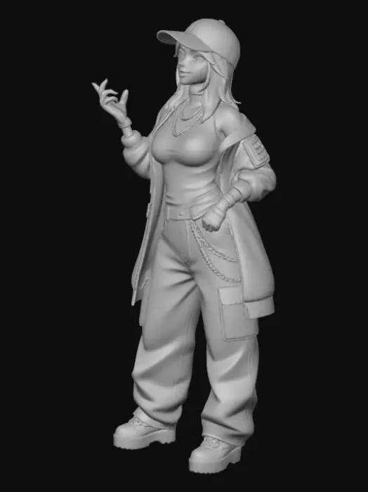 3D model for copia al personaje de anime,  usa colores militares  y poses de modelo  pantalon y accesorios ,  los pechos medianos. usa ropa de estilo baggy femenino . estilo de cabello igual a la imagen. sin armas. chamarra larga y abierta tipo limitar. guantes. todo el personaje debe caber en la imagen mostrando desde la cabeza hasta los pies. poses de audacia. pero femeninas. la blusa pegada al cuero por dejabo de la chamarra. poses militares. en distintos colores la ropa pero con estampado camo